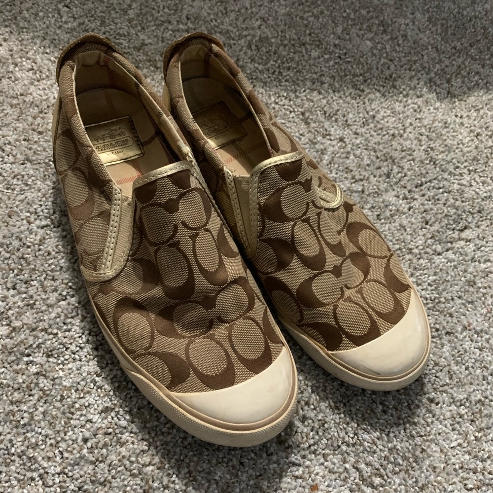 Authentic Brown Coach slip-on shoes with Gold Trim